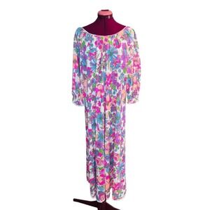 Vintage 70's Bright Multicolor Floral Nightgown Soft Lace Hem Long Sleeve Small*